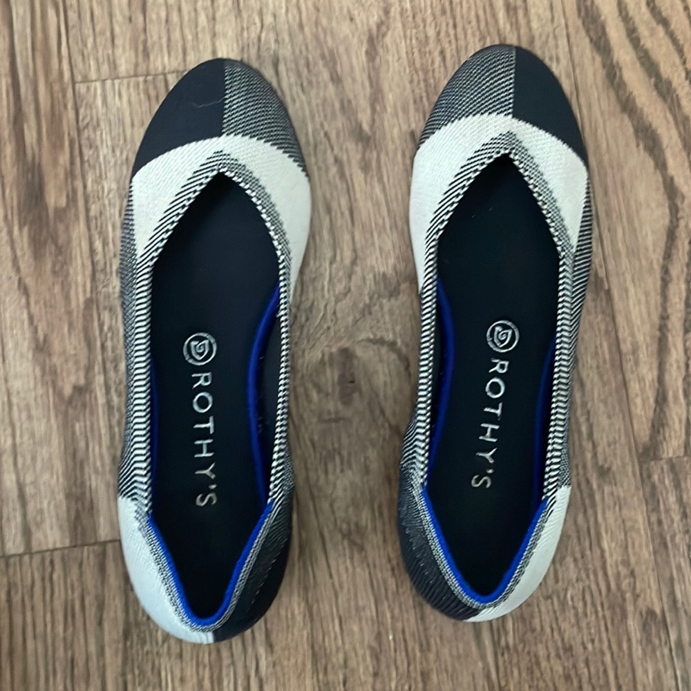 Rothy’s blue and white plaid round toe flats